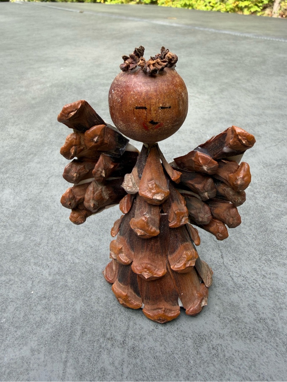 Vintage Pinecone Angel Figurine Handmade Rustic Christmas Holiday Decor